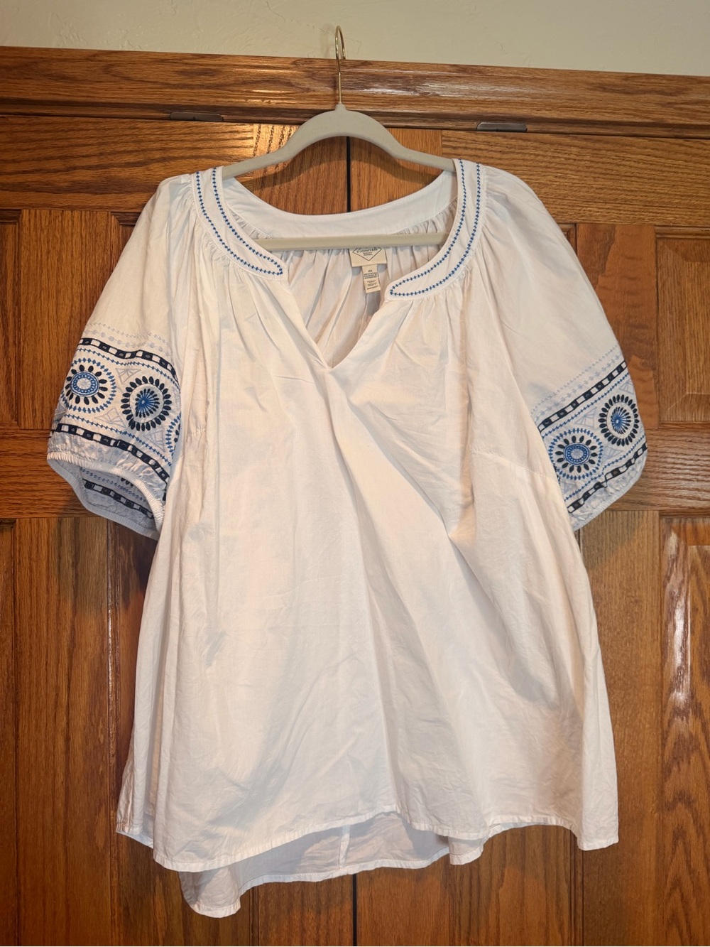 St. John's Bay White Peasant Blouse with Blue Embroidery